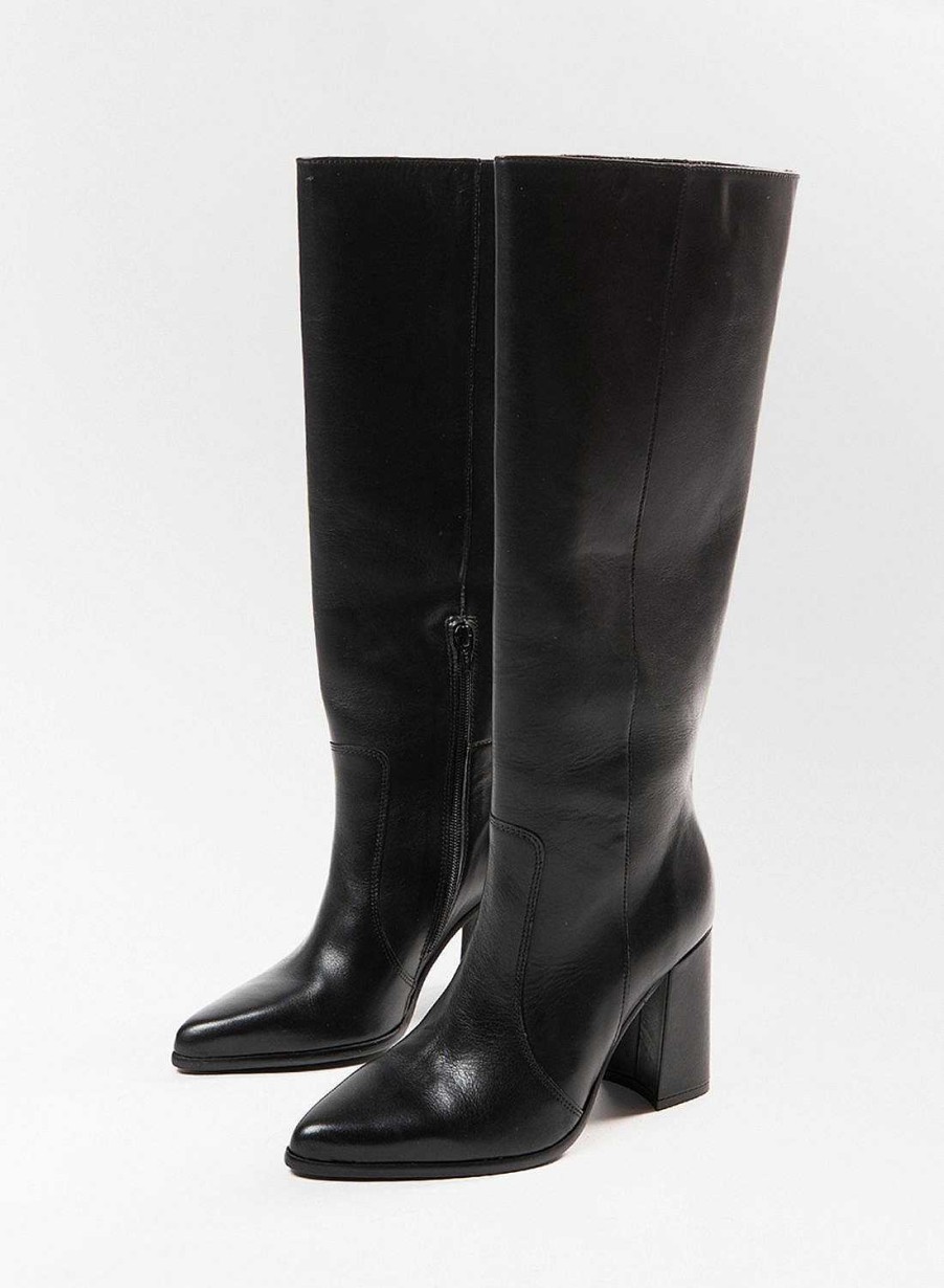 Sacha Knee High Leather Boots With Heel - Black