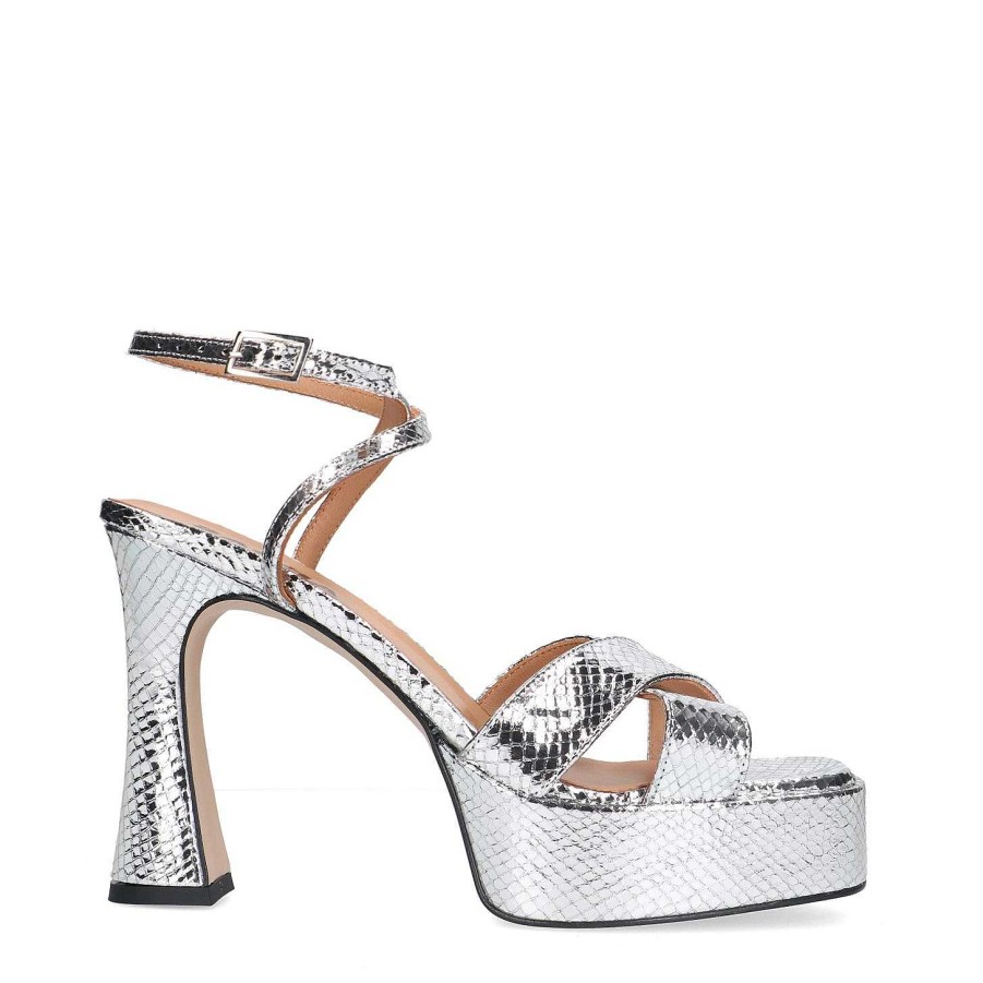 Sacha Metallic Platform Heeled Sandals - Silver