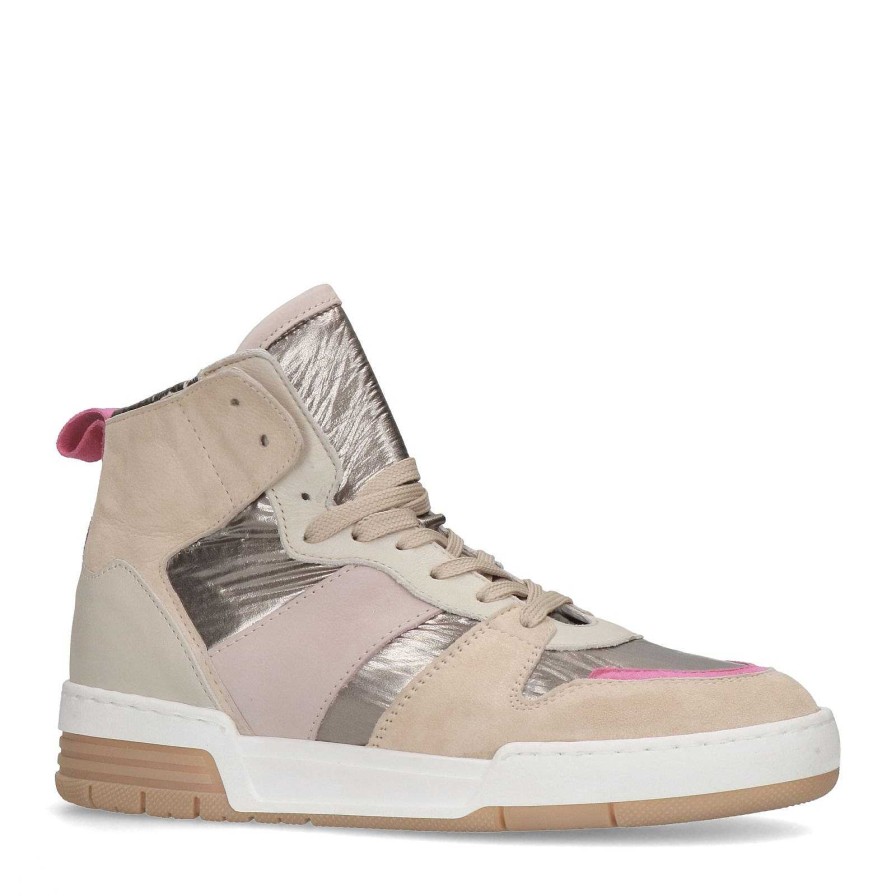 Sacha Mid-High Sneakers With Metallic And Pink Details - Beige