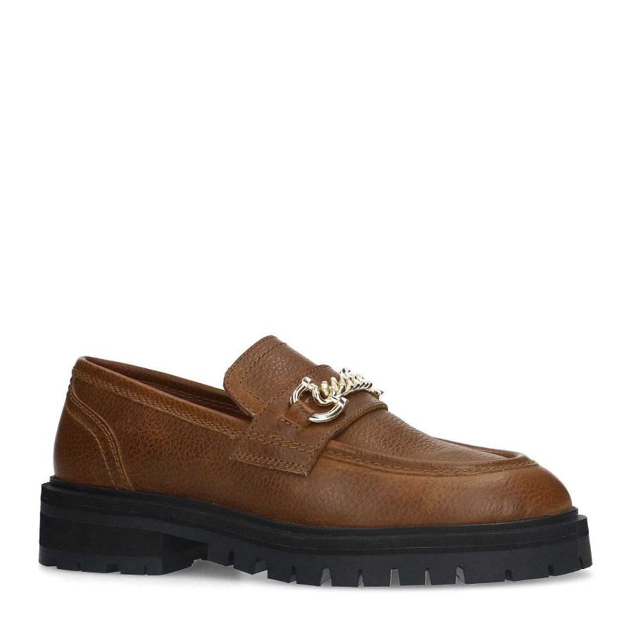 Sacha Leather Loafers With Chain - Brown