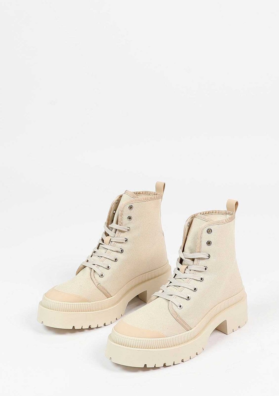 Sacha Lace-Up Canvas Ankle Boots With Cuban Heel - Beige