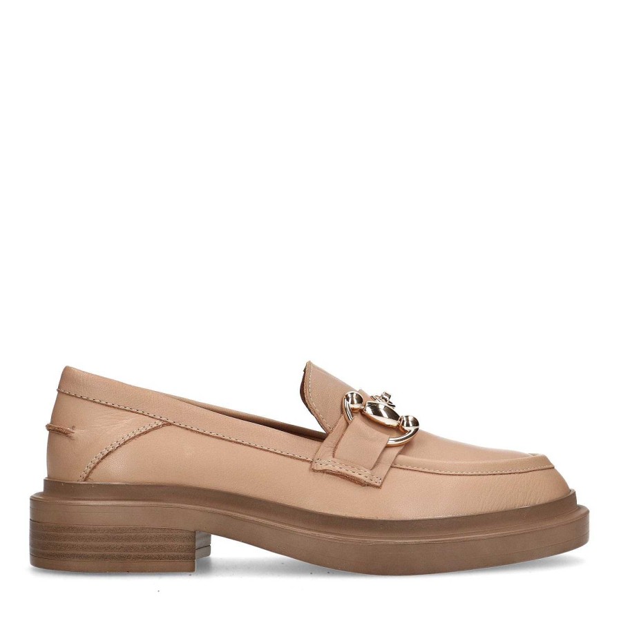 Sacha Leather Loafers With Chain - Beige