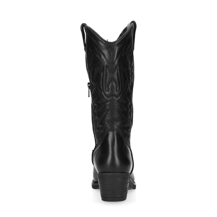 Sacha Leather Cowboy Boots With Decorative Stitching - Black