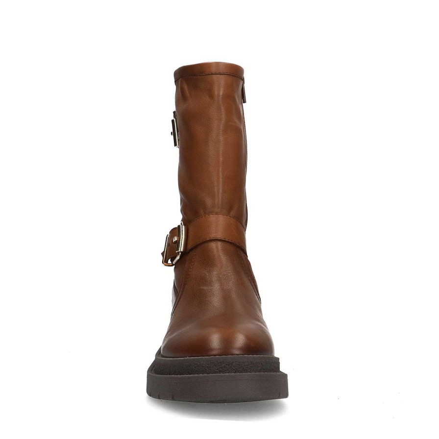 Sacha Leather Biker Boots With Buckles - Brown