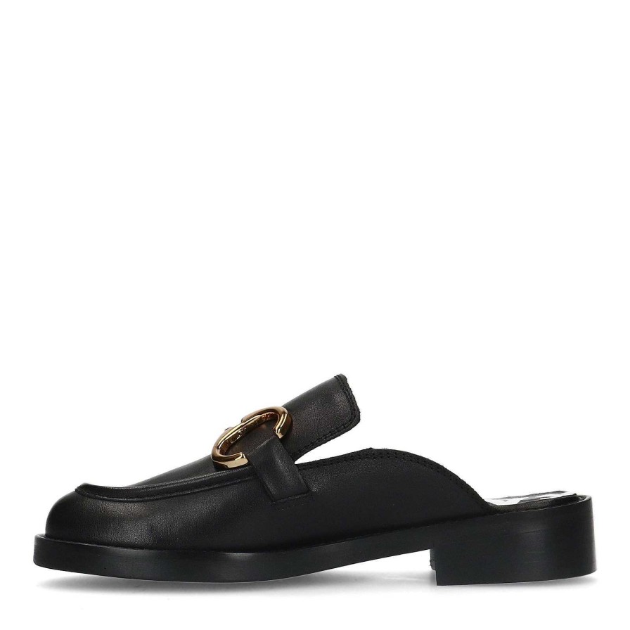 Sacha Leather Mule Loafers With Chain - Black