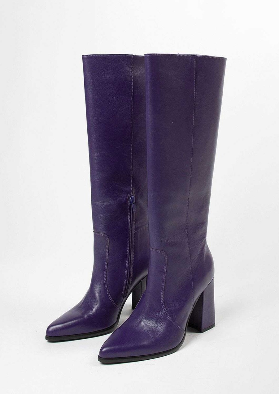 Sacha Knee High Leather Boots With Heel - Purple