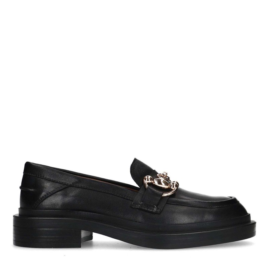 Sacha Leather Loafers With Chain - Black