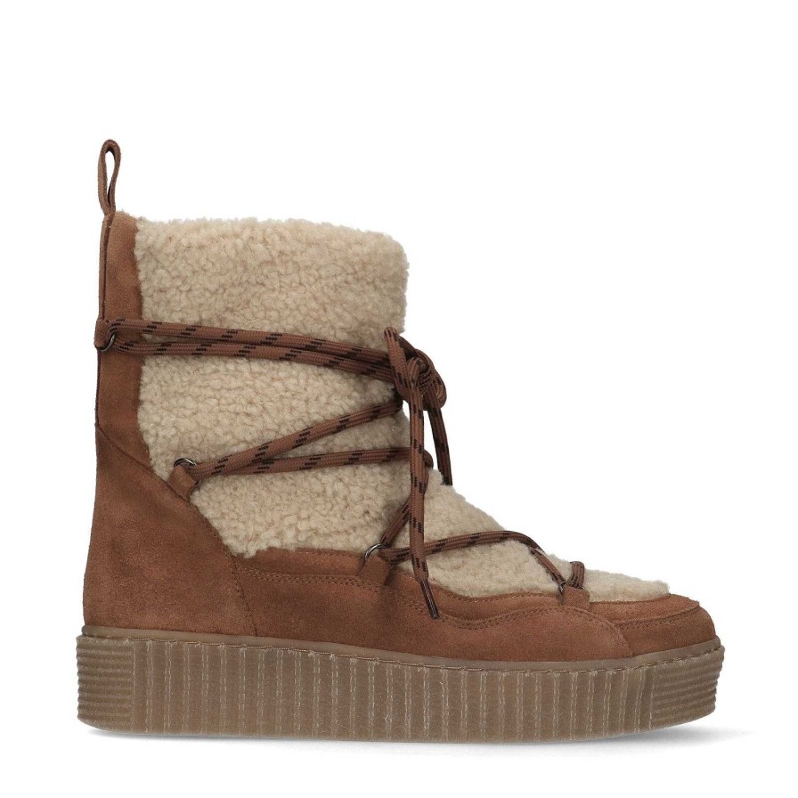 Sacha Lace-Up Ankle Boots With Faux Fur - Cognac