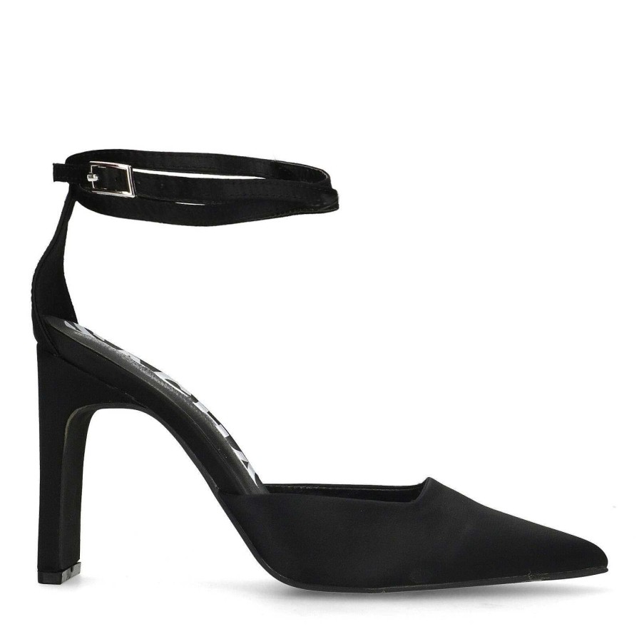 Sacha Satin Pumps With Ankle Strap - Black