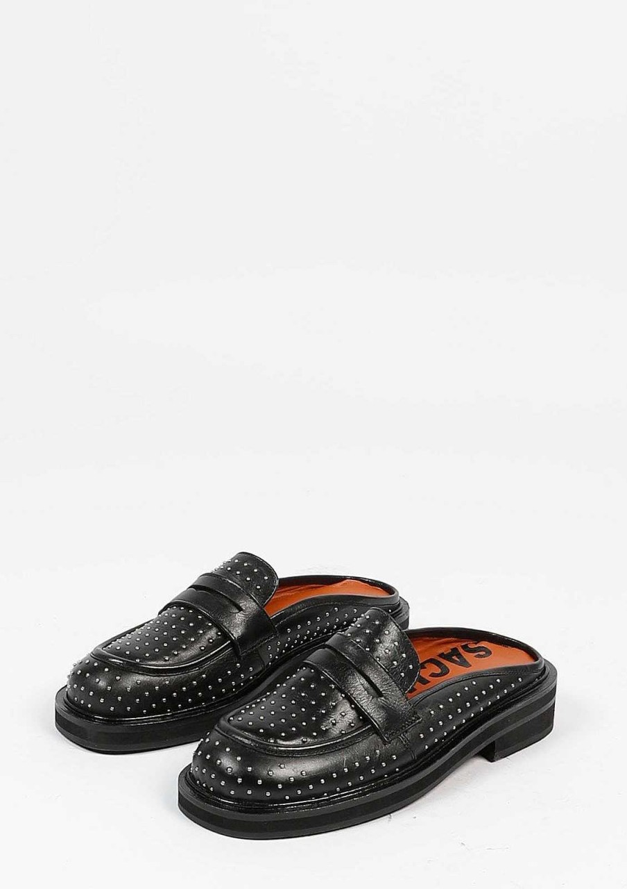 Sacha Leather Slip-On Shoes With Studs - Black