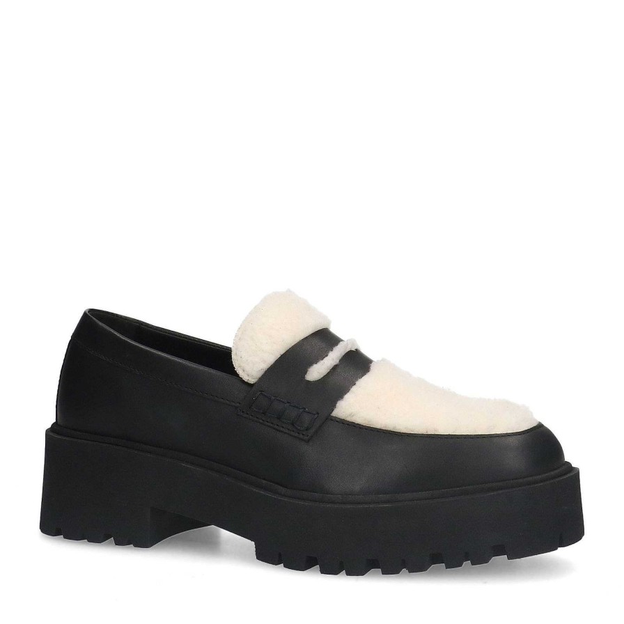 Sacha Leather Loafers With Fluffy Details - Black